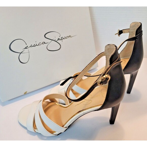 Jessica Simpson Black White High Heel Leather Strappy Sandals Maselli 7.5 - Picture 1 of 14